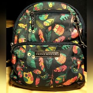 BNWOT LILY BLOOM BACKPACK BLACK W/ COLORFUL BIRDS FEATHERS  12 X 11 X 2.5 MD. SZ